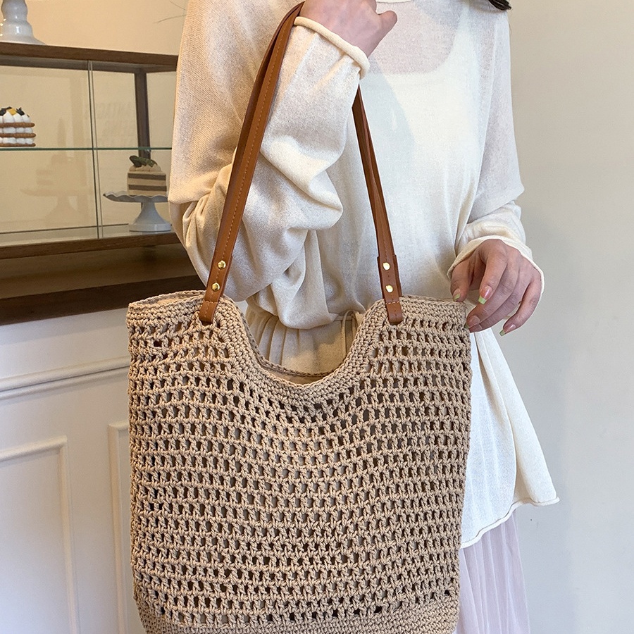 Vacation-Style Woven Large Capacity Tote Shoulder Bag Beach Tote