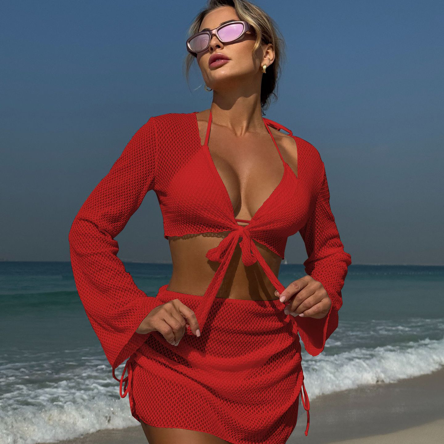 Sexy Halter Mesh Four Piece Bikini Swimsuit Including Sheer Cover Up and High Waist Mesh Skirt