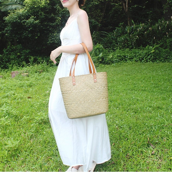 Casual Handwoven Straw Tote Bag for Beach Vacations