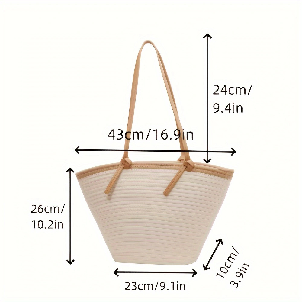 Versatile Straw-Woven Cotton Rope Tote Bag Large Capacity Vacation-Style Beach Bag