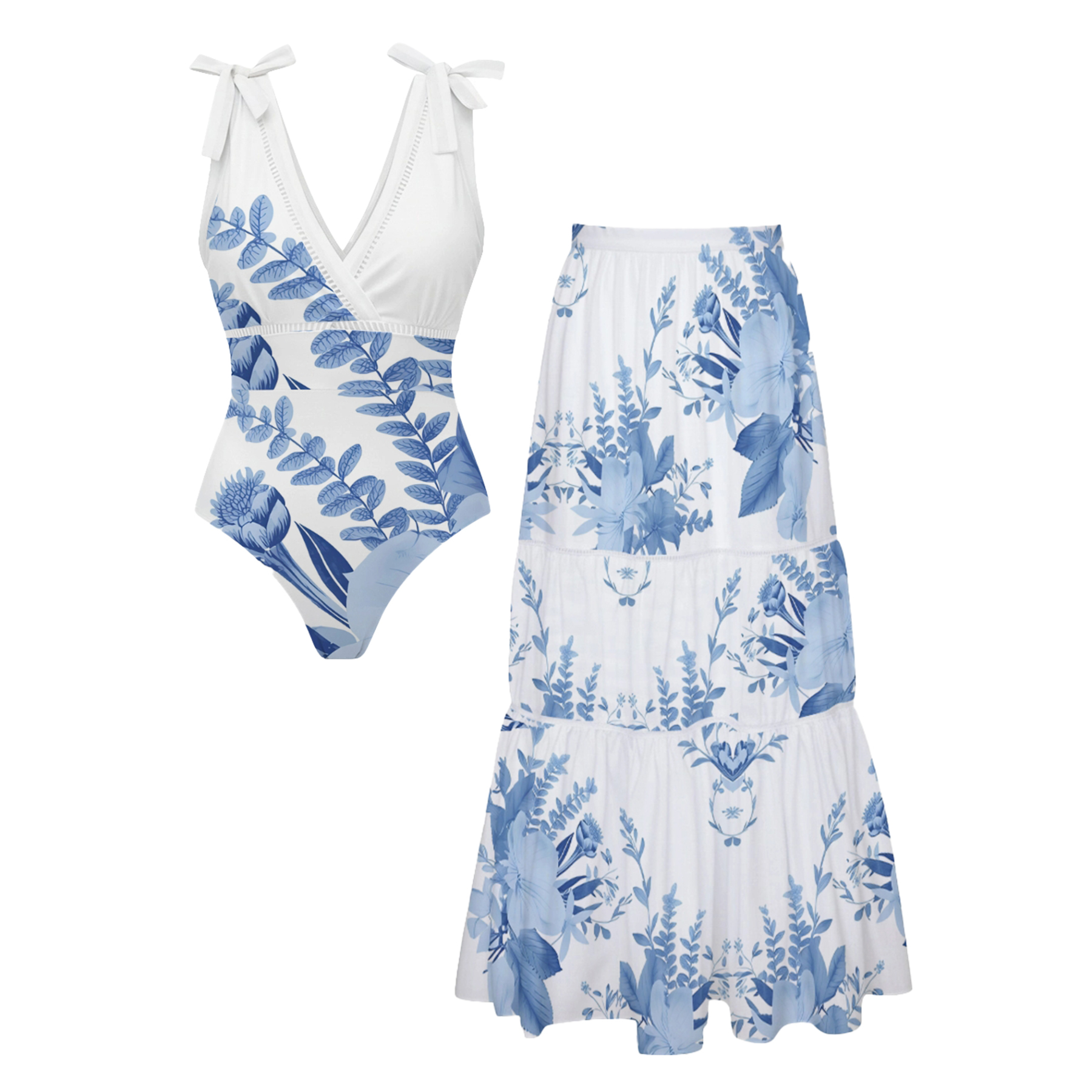 Blossom Print Bowknot One Piece Set