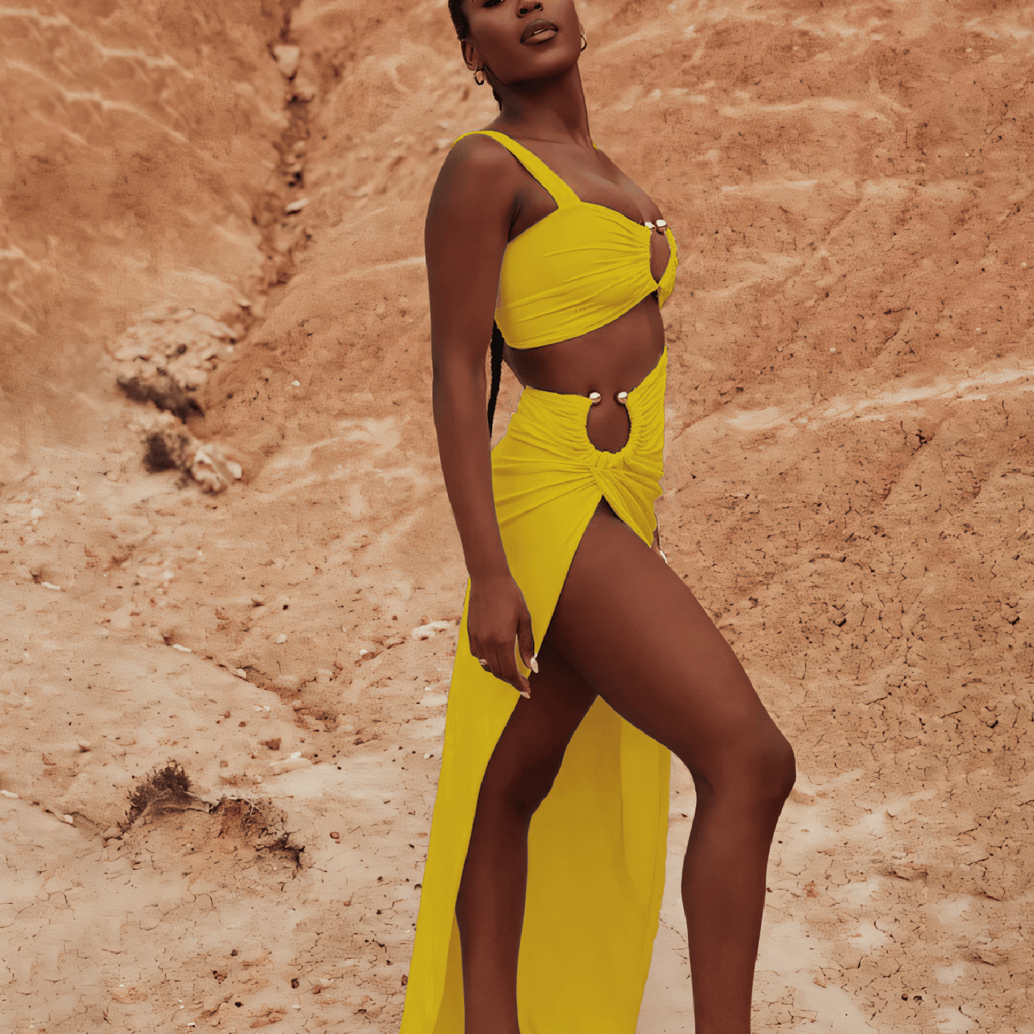 Criss-Cross Front Ring-Detail Long Skirted One-Piece Swimsuit