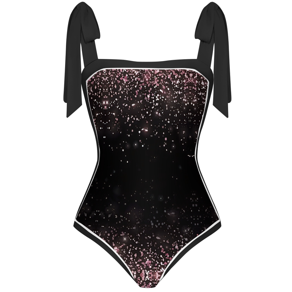 Galaxy Print Shoulder Tie One-Piece Swimsuit with Matching Wrap Skirt