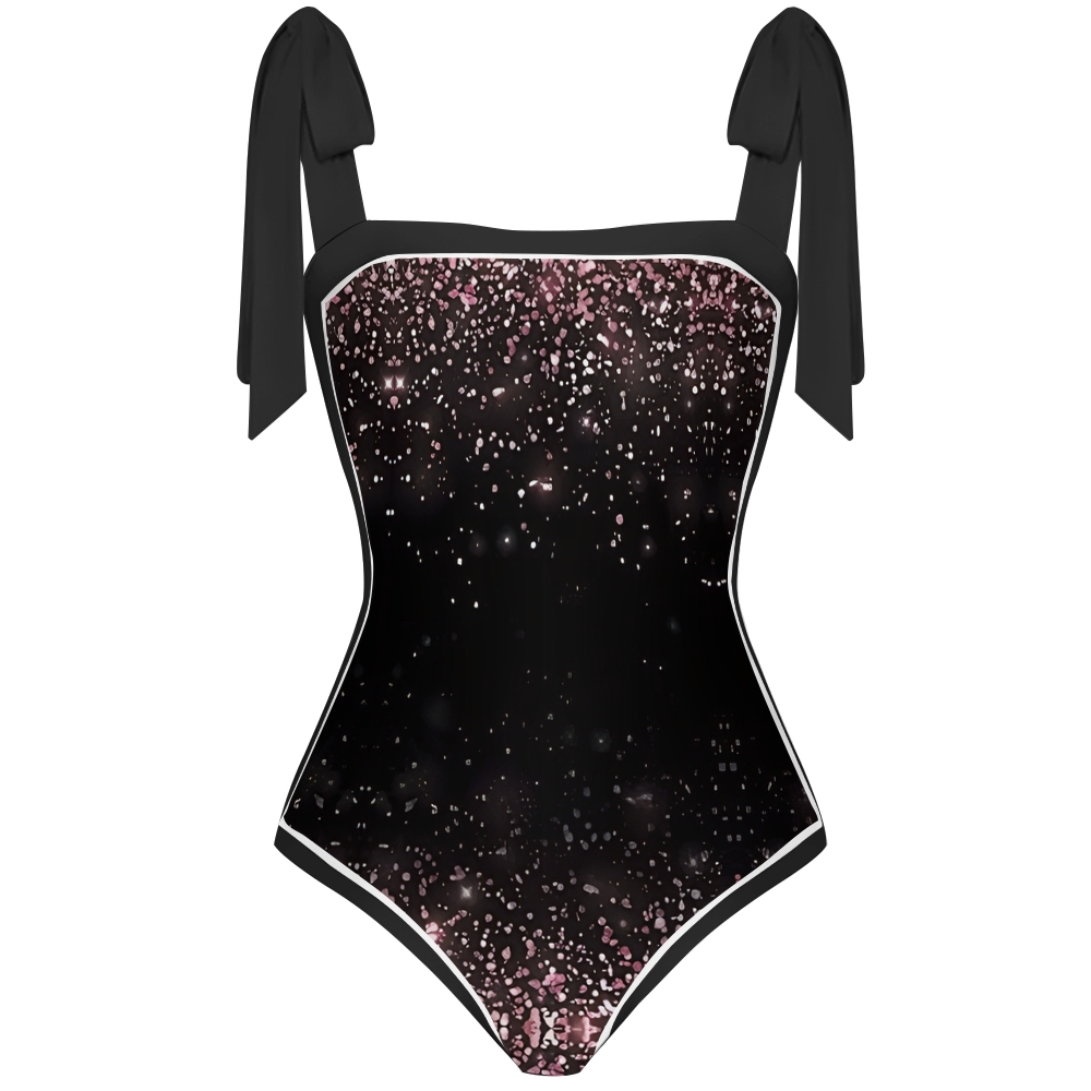Galaxy Print Shoulder Tie One-Piece Swimsuit with Matching Wrap Skirt