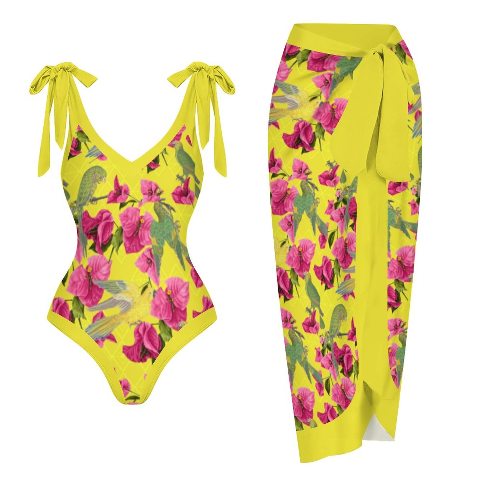 Yellow Floral Printed One Piece Swimsuit And Cover Up