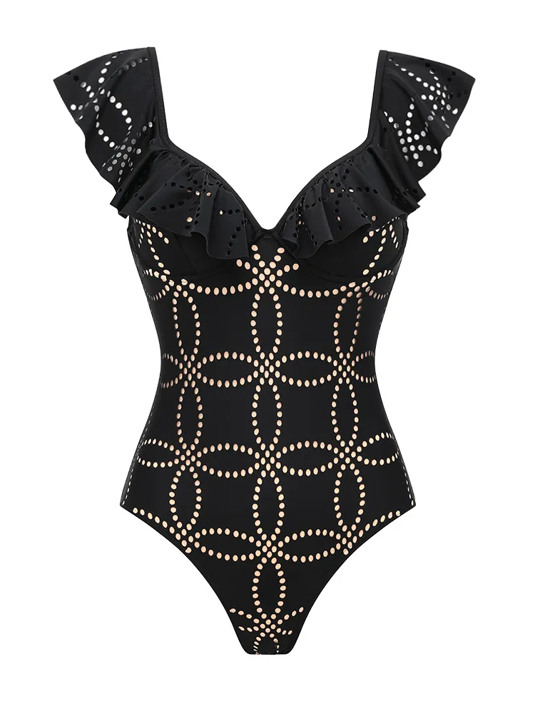 Underwired Black Ruffle Laser Cutting Flower Swimsuit and Skirt
