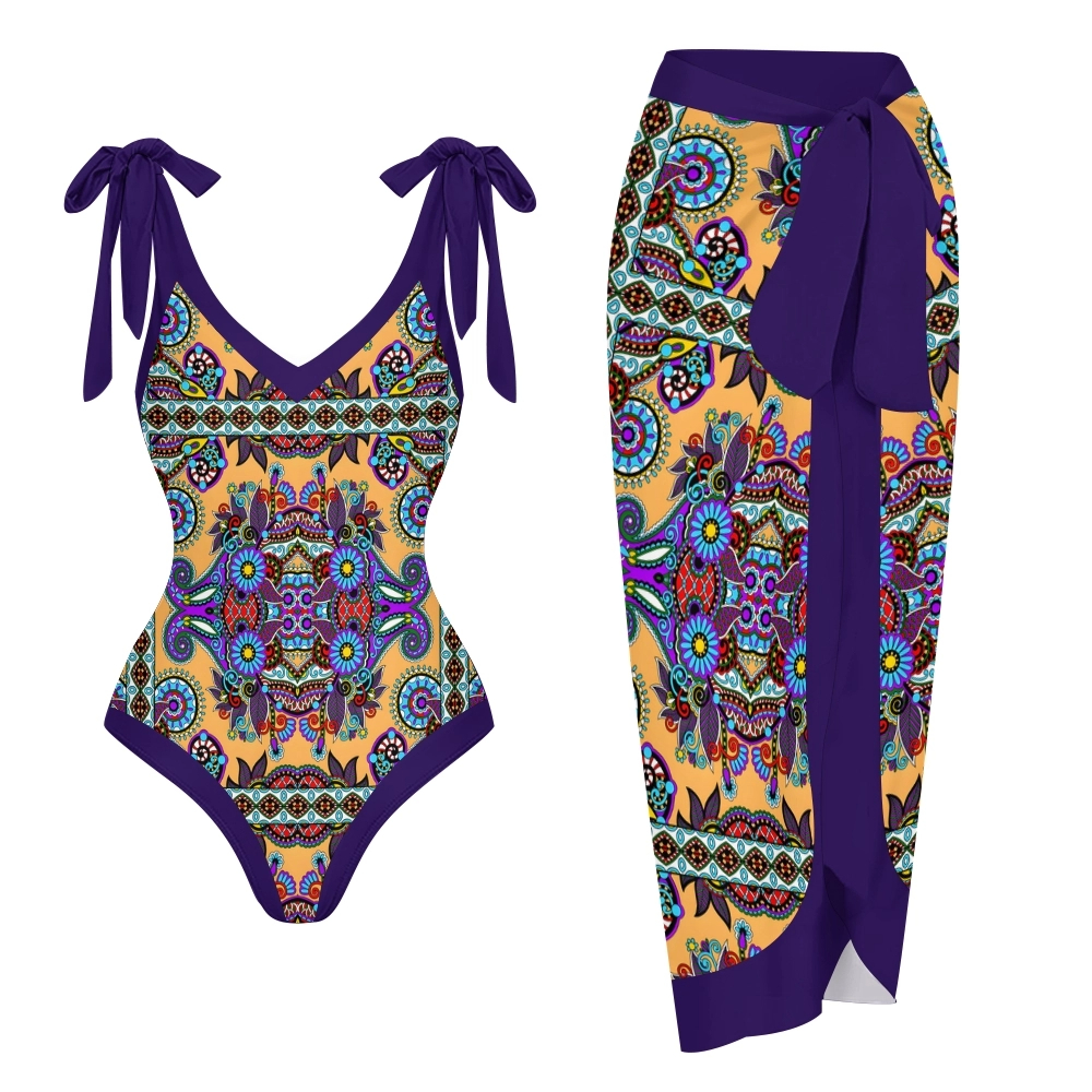 Bohemian One-Piece Swimsuit Set Shoulder Tie Bathing Suit with Matching Skirt