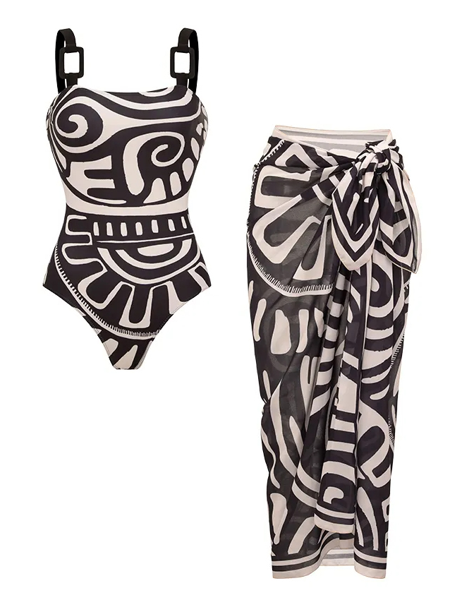 Adjustable Shoulder Straps Black Tribal Print Swimsuit Set