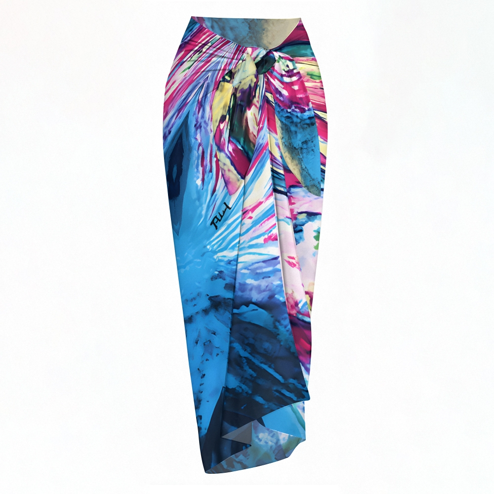 Abstract Print One-Shoulder One-Piece Swimsuit with Matching Sarong Skirt