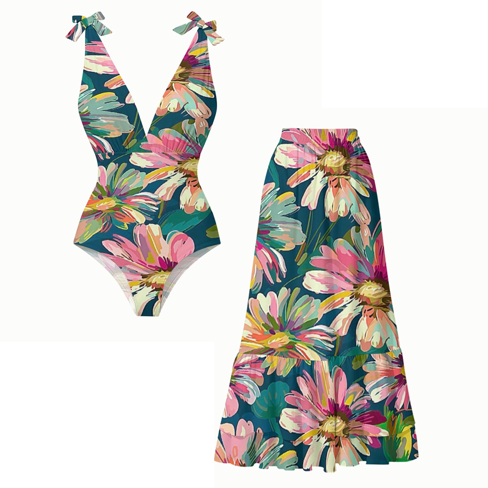 Oil Painting Floral Print Halter Deep V One Piece Swimsuit with Ruffle Cover Up Skirt Set