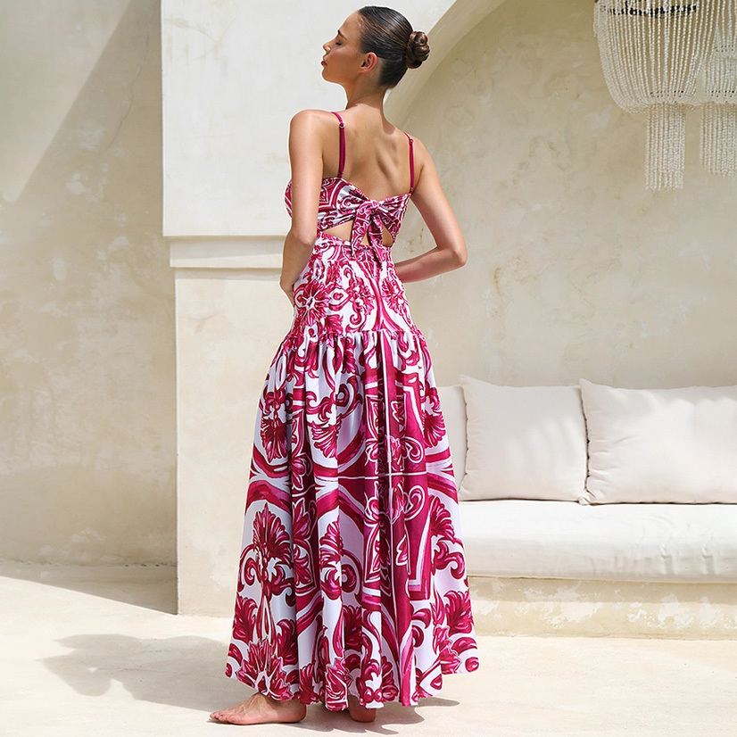 Sling Classic Majolica Series Pattern Print One Piece Swimsuit and Skirt - Pink