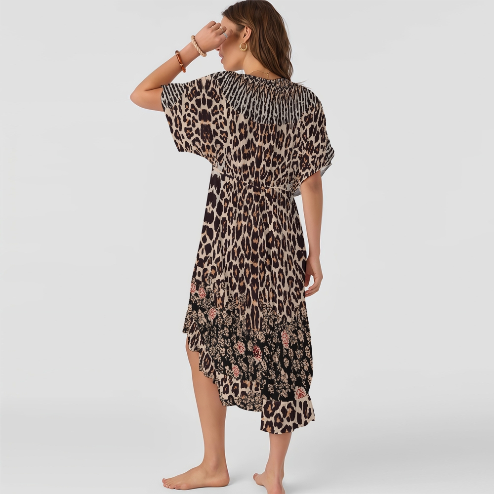 Ruched Leopard Print One-Piece Swimsuit with Matching Tie-Front Cover-Up