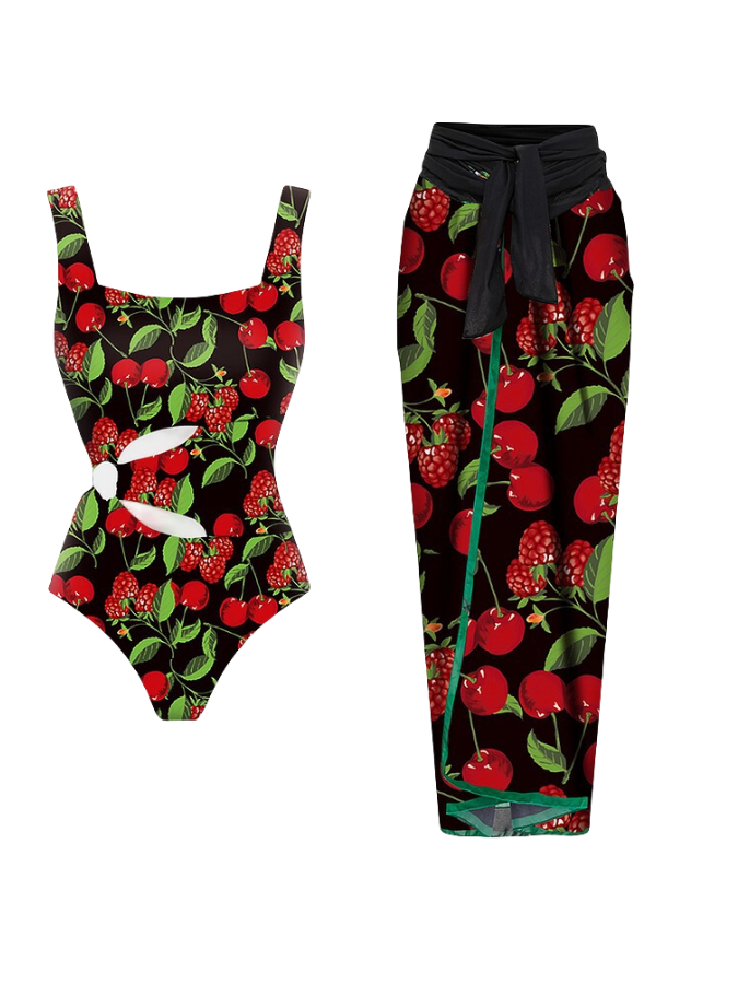 Cherries and Mulberries Print Cut Out One Piece Swimsuit and Sarong