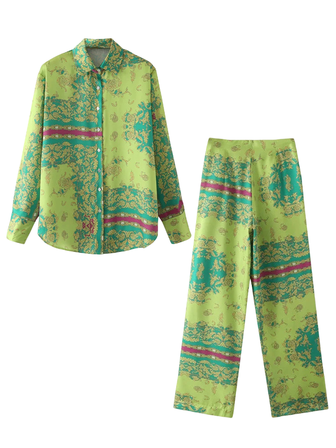 Green Casual Printed Two piece Shirt and Pants Set