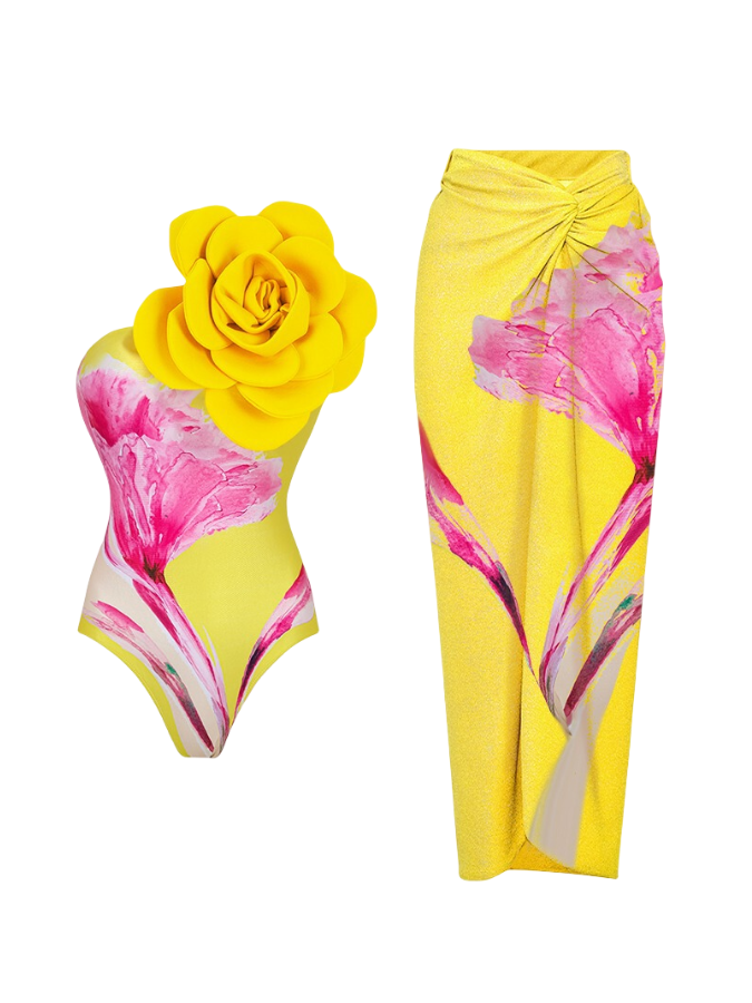 3D Flower Printed One Piece Swimsuit and Skirt