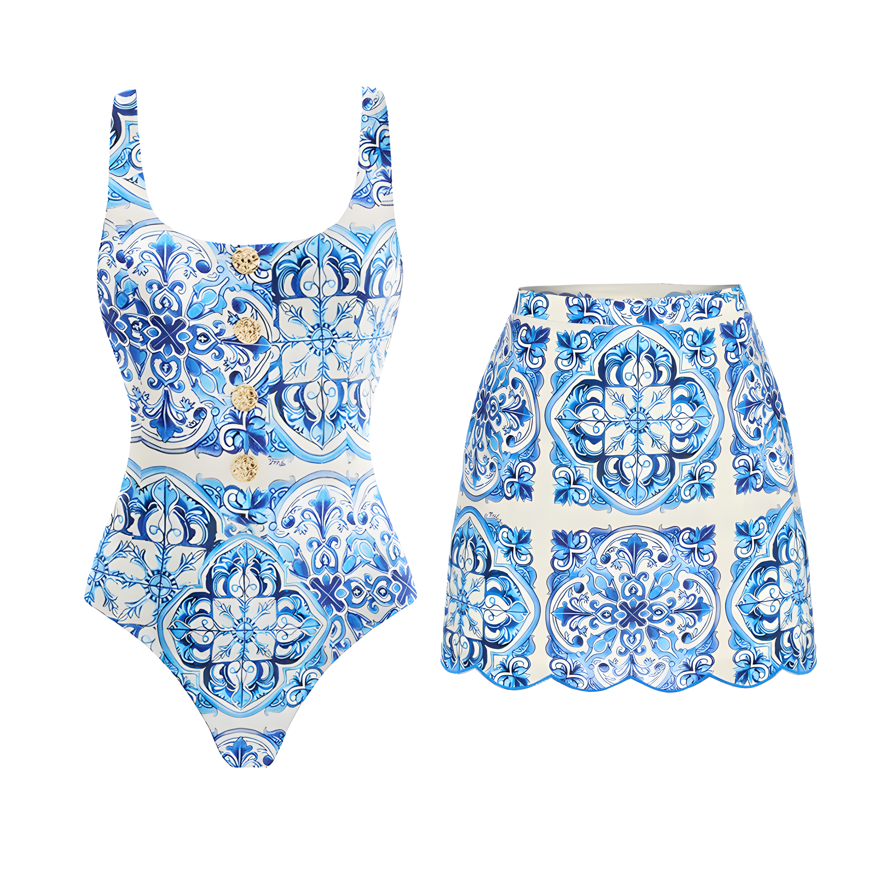 Women's New Blue and White Porcelain Print One-Piece Swimsuit and Skirt