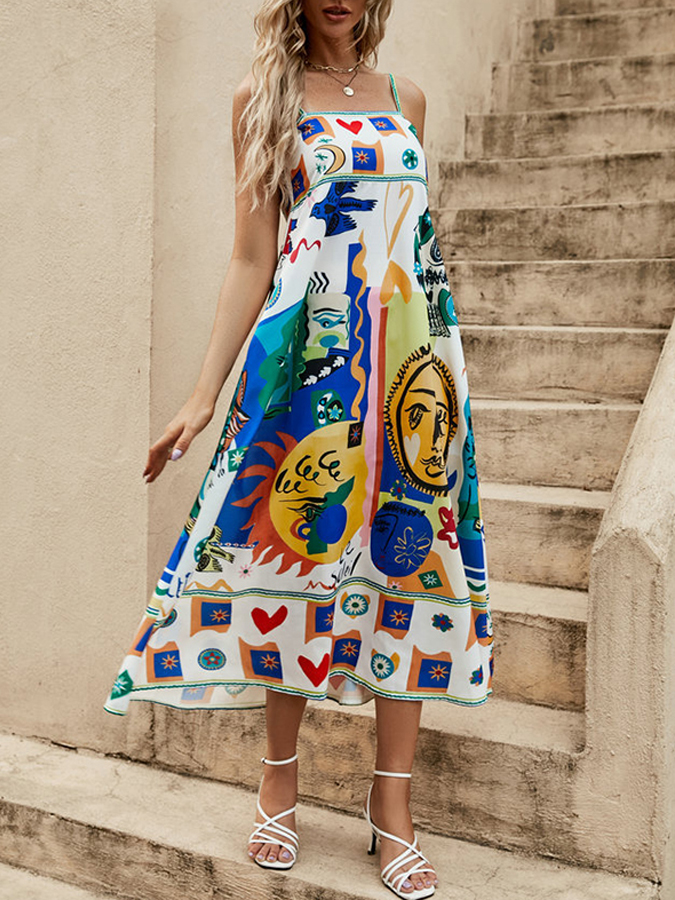 Sling Printed Sleeveless Full Dress