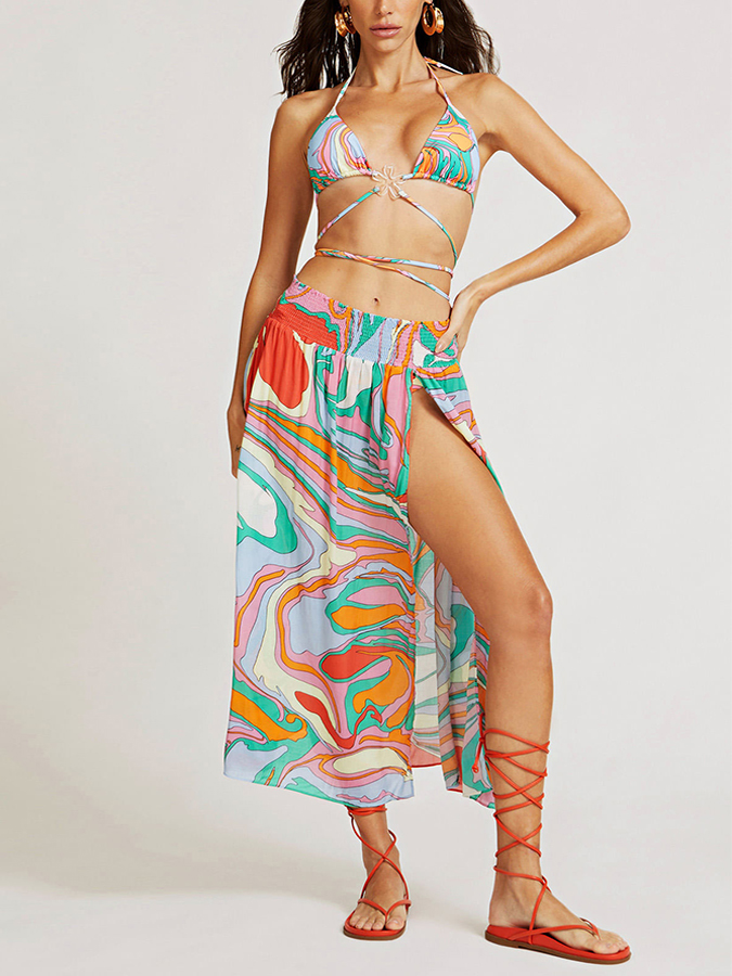 Beach Vacation Color Block Print Bikini And Skirt