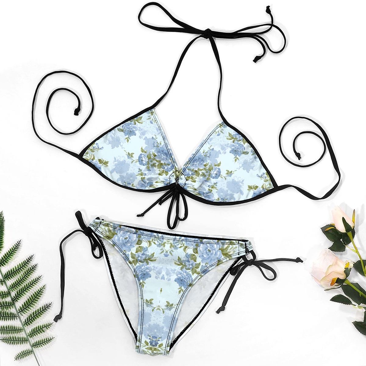 Tropical Floral Halter Tie Bikini Set with Matching Sarong Skirt