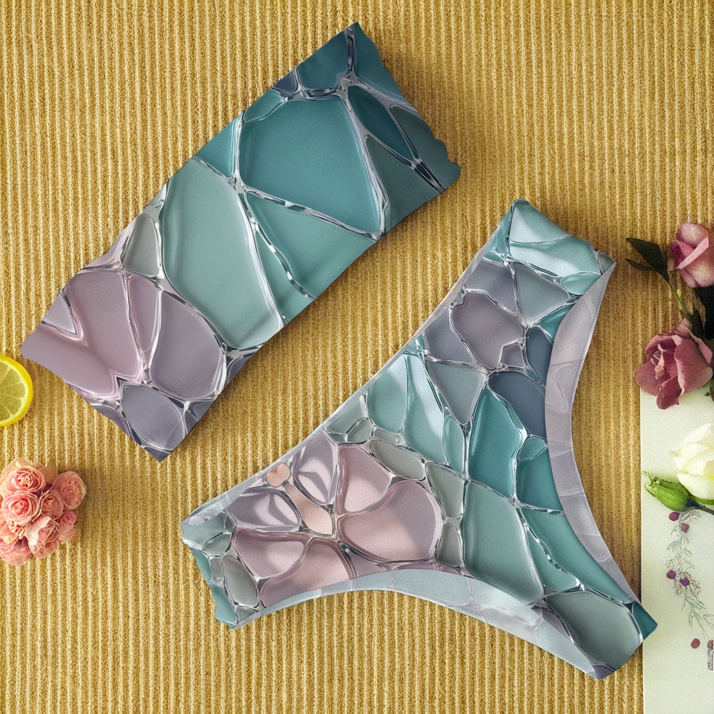 Abstract Stained Glass Bikini Set with Matching Tiered Maxi Skirt