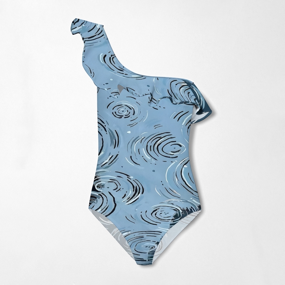 Women's One-Shoulder Artistic Water Ripple Print One-Piece Swimsuit with Skirt