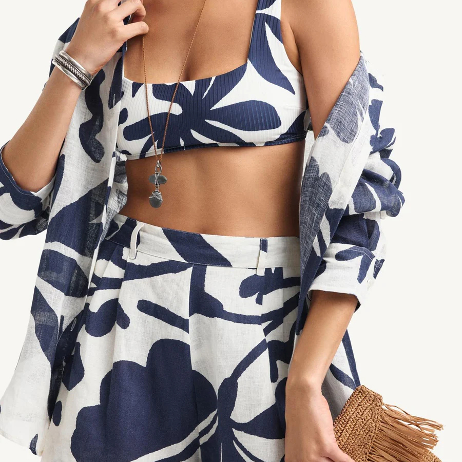 Night Flower Print Bikini Set with Long Sleeve Cover-Up