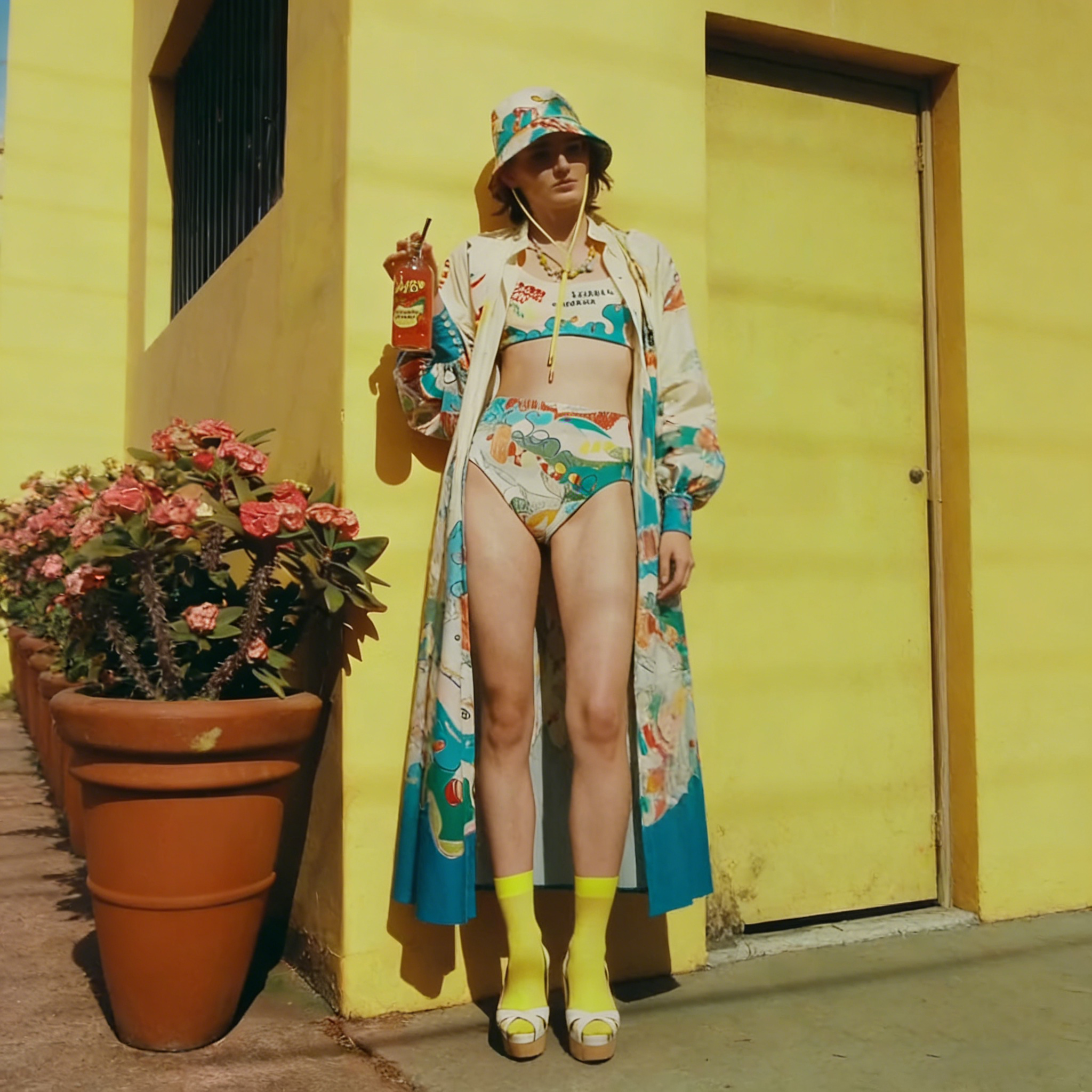 Abstract Graffiti Print Long-Sleeved High-Waisted Split Swimsuit Cover-up