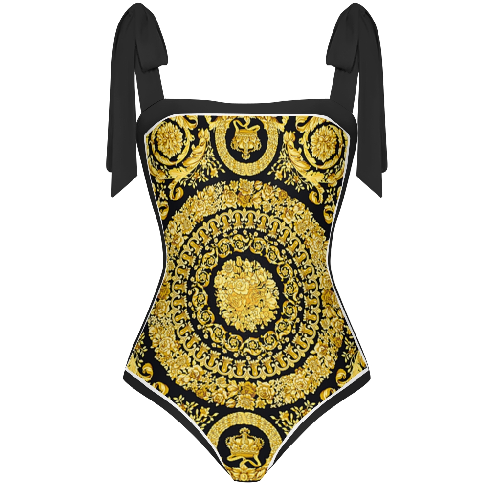 Baroque Print Straight Neckline One-Piece Swimsuit with Matching Sarong Skirt