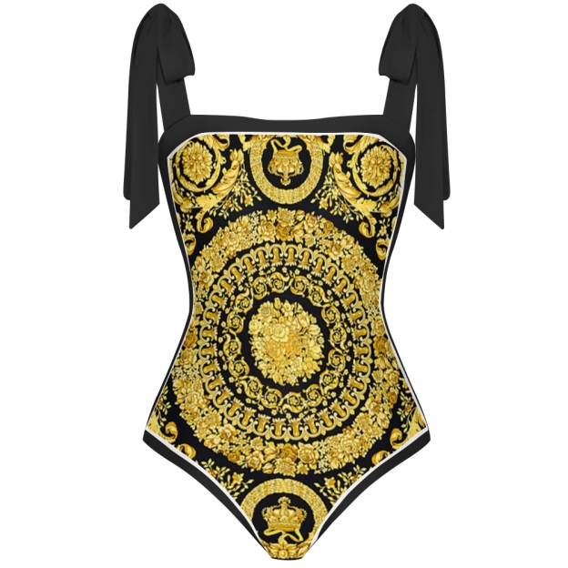 Baroque Print Straight Neckline One-Piece Swimsuit with Matching Sarong Skirt