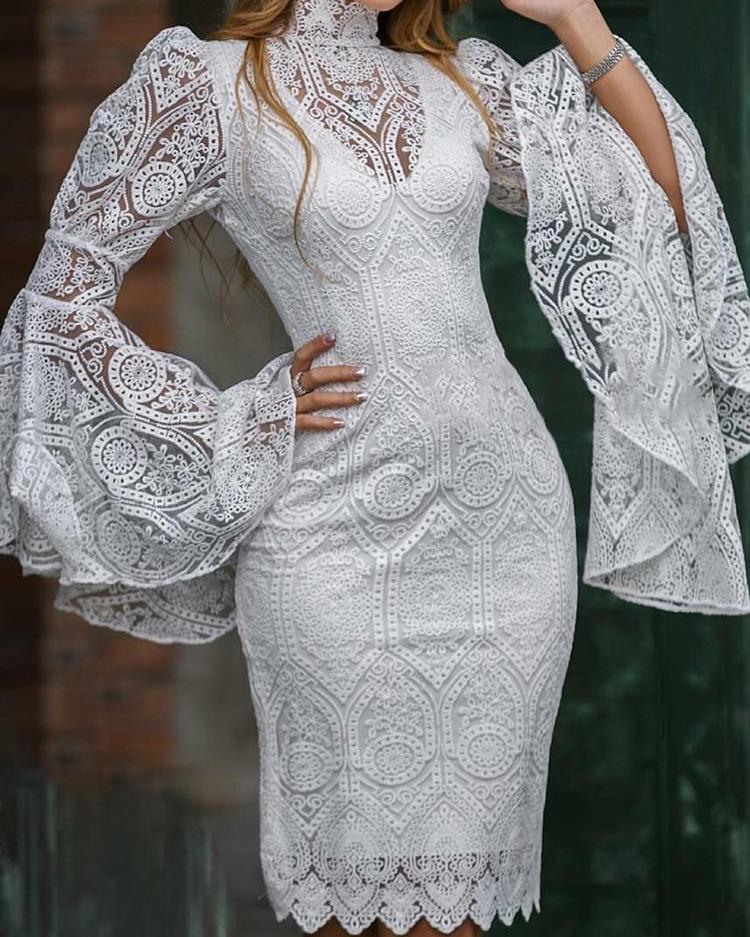 Lace Embroidered Bell Sleeve Dress