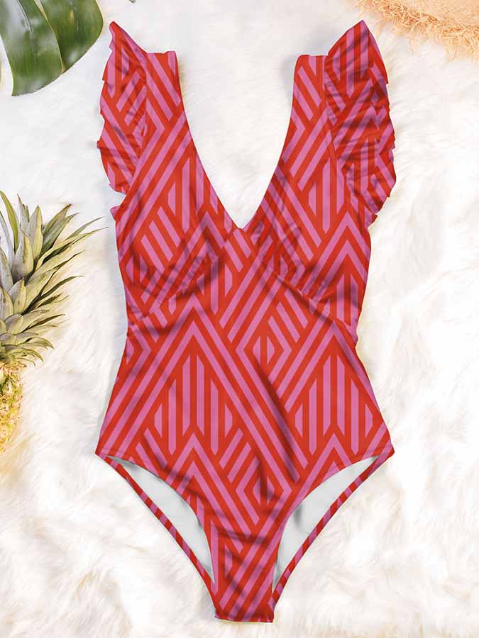 Deep V Open Back Ruffle One Piece Swimsuit