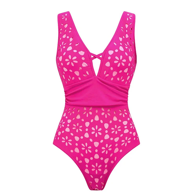 Women's V Neck Bestselling Sexy Solid Color Cut-Out One-Piece Swimsuit Set -Pink