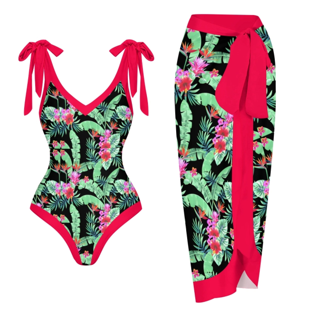 Women's Tropical Floral One Piece Swimsuit Set