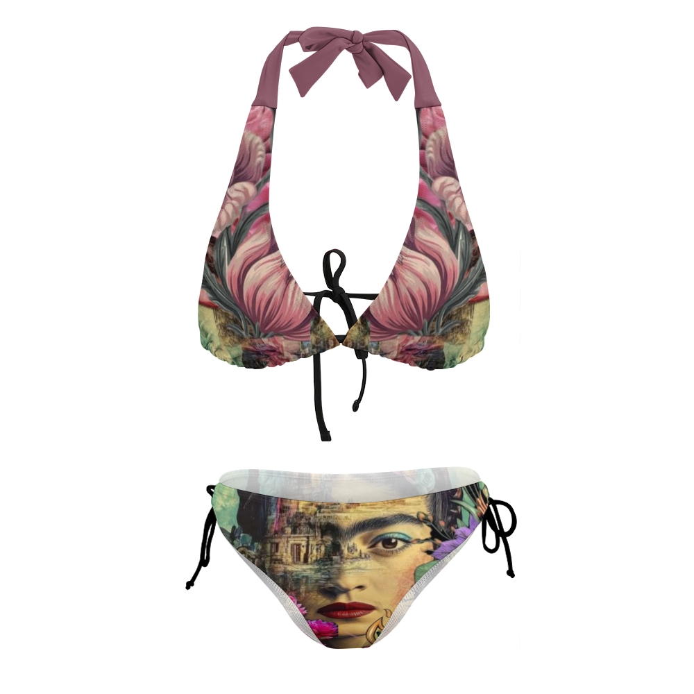 Halter Neck Bikini Set with Frida Kahlo with Milagro Print Tie-Front Top Side-Tie Shorts & Matching Skirt