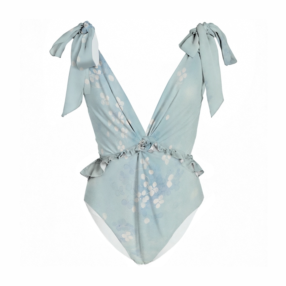 Ruffled Pastel Bow Shoulder One-Piece Swimsuit and Tiered Maxi Skirt