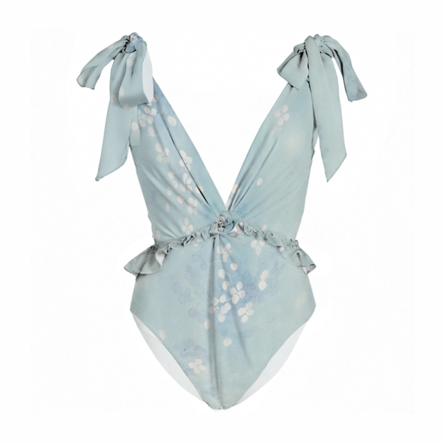 Ruffled Pastel Bow Shoulder One-Piece Swimsuit and Tiered Maxi Skirt