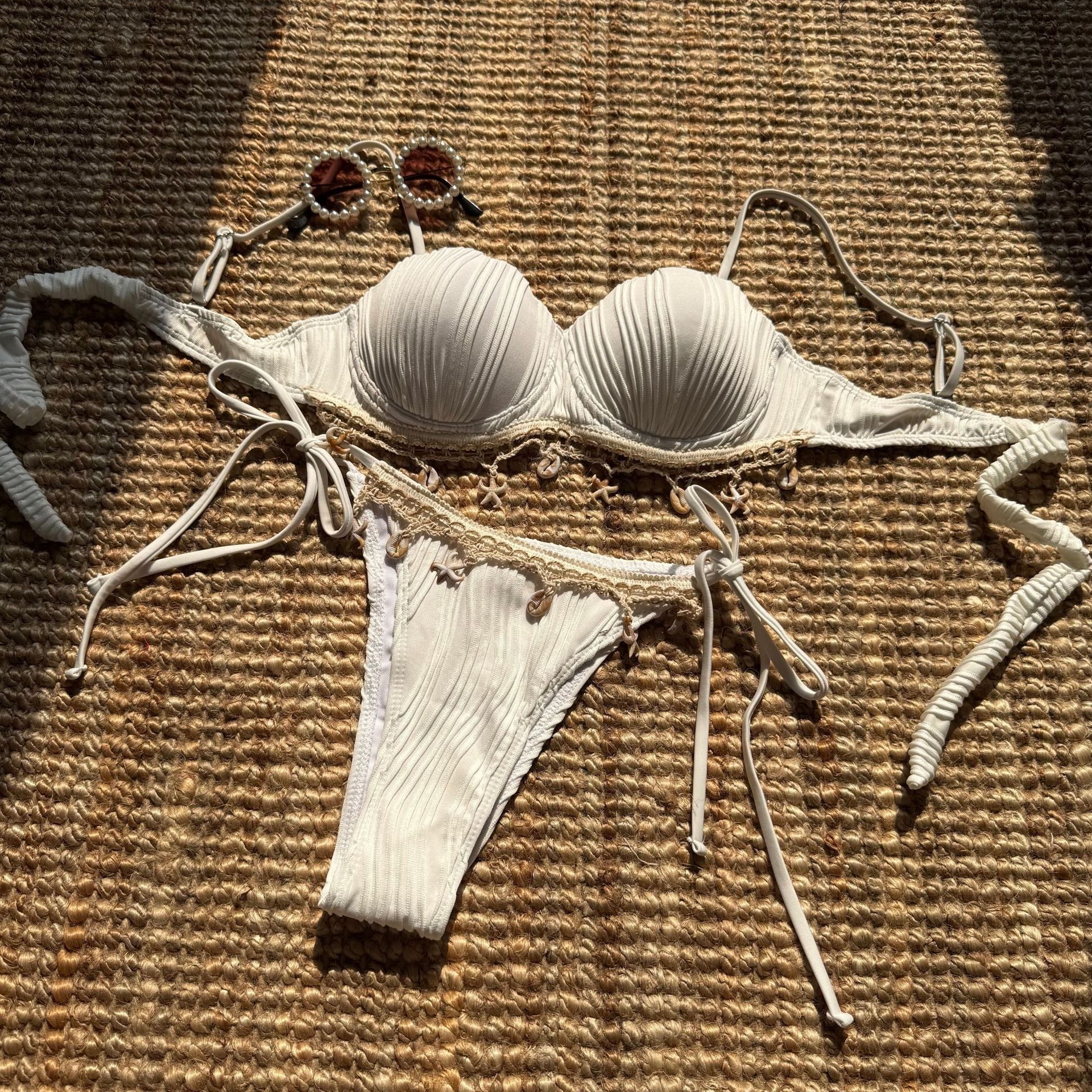 Scalloped Bikini Set with Ruffle Texture and Hanging Ornaments