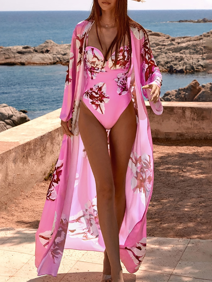 V Neck Pink Print One Piece Swimsuit and Cardigan