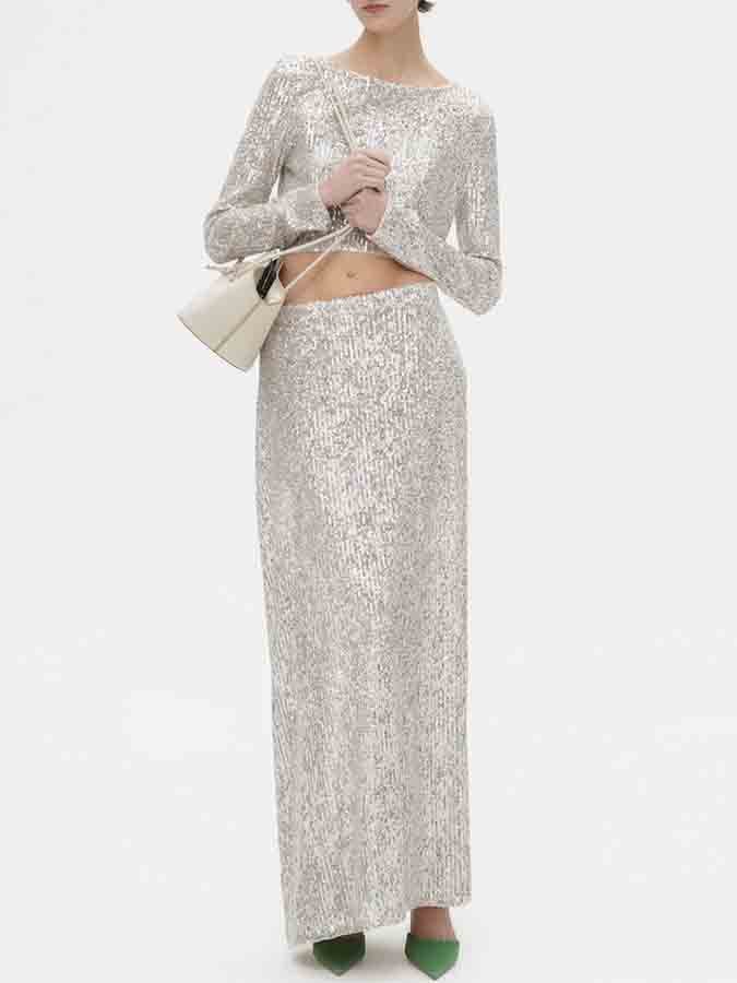 Sequin Stunning Long Sleeves Top and Skirt Sets