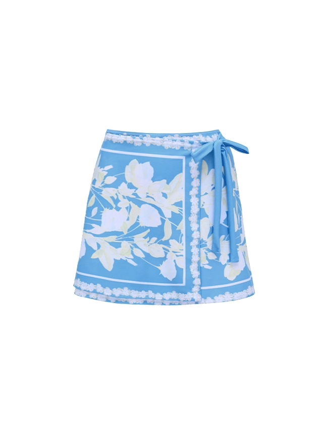 French Vacation Blue Floral Print Halter One-Piece with Tie Sarong