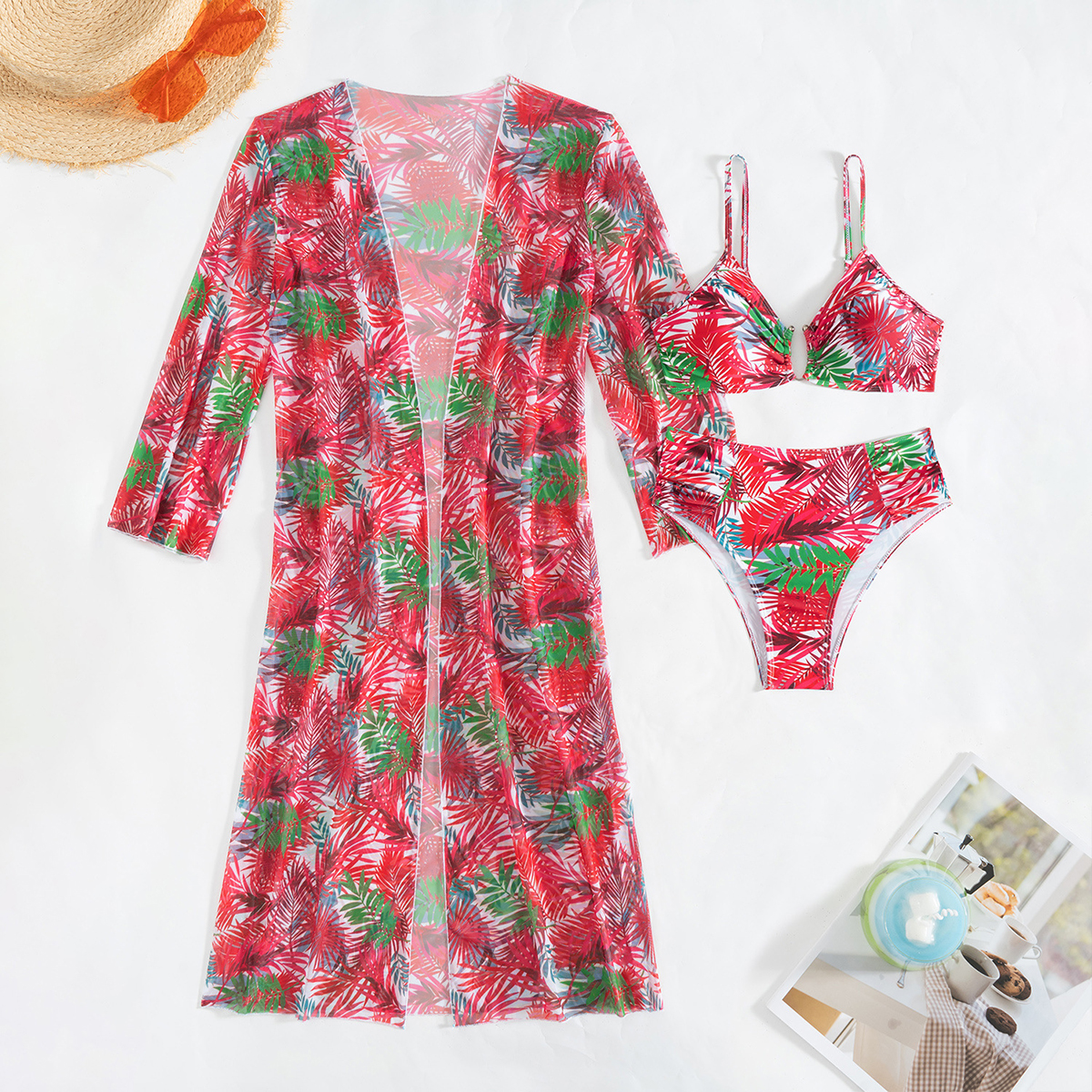 Tropical Print Three Piece Bikini Set with Side Tie Bottom and Sheer Cover-Up