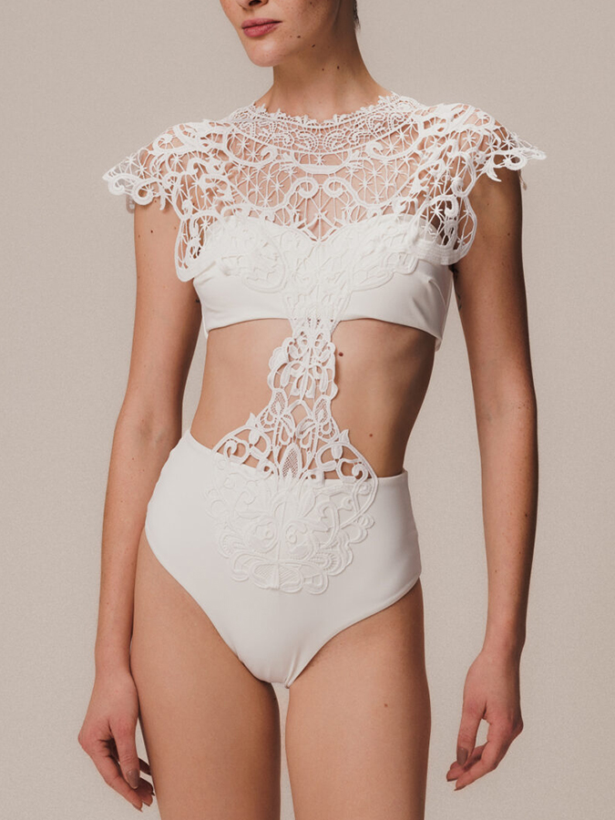 White Lace Paneled One Piece Swimsuit
