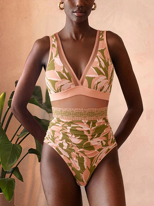 Tropical Floral One-Piece with Wide-Leg Pants and Skirt Set
