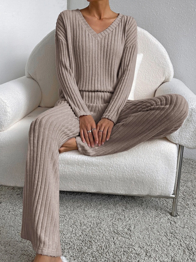 V Neck Long Sleeves Solid Top and Pants Two Pieces Sets