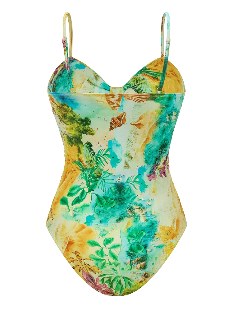 Tropical Island Landscape Floral Starfish Waist Twist Skirt Swimsuit