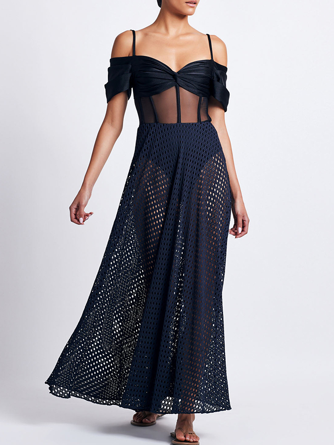 Off Shoulder Corset One Piece and Mesh Skirt Swimwear