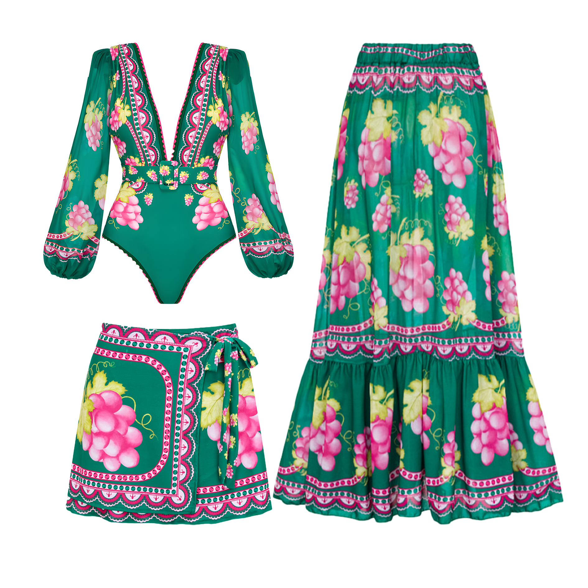 Women's Long Sleeve Top with Plunging V-Neck and Vintage Print One-Piece Swimsuit with Skirt