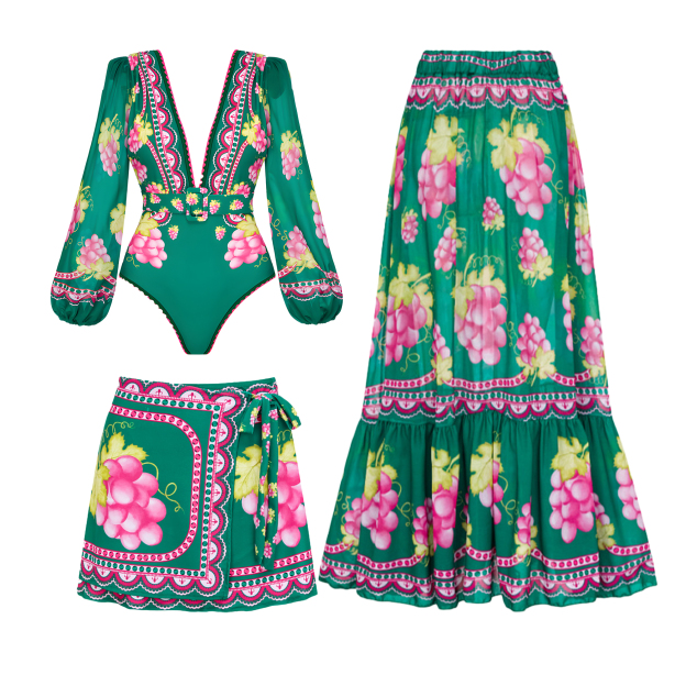 Women's Long Sleeve Top with Plunging V-Neck and Vintage Print One-Piece Swimsuit with Skirt