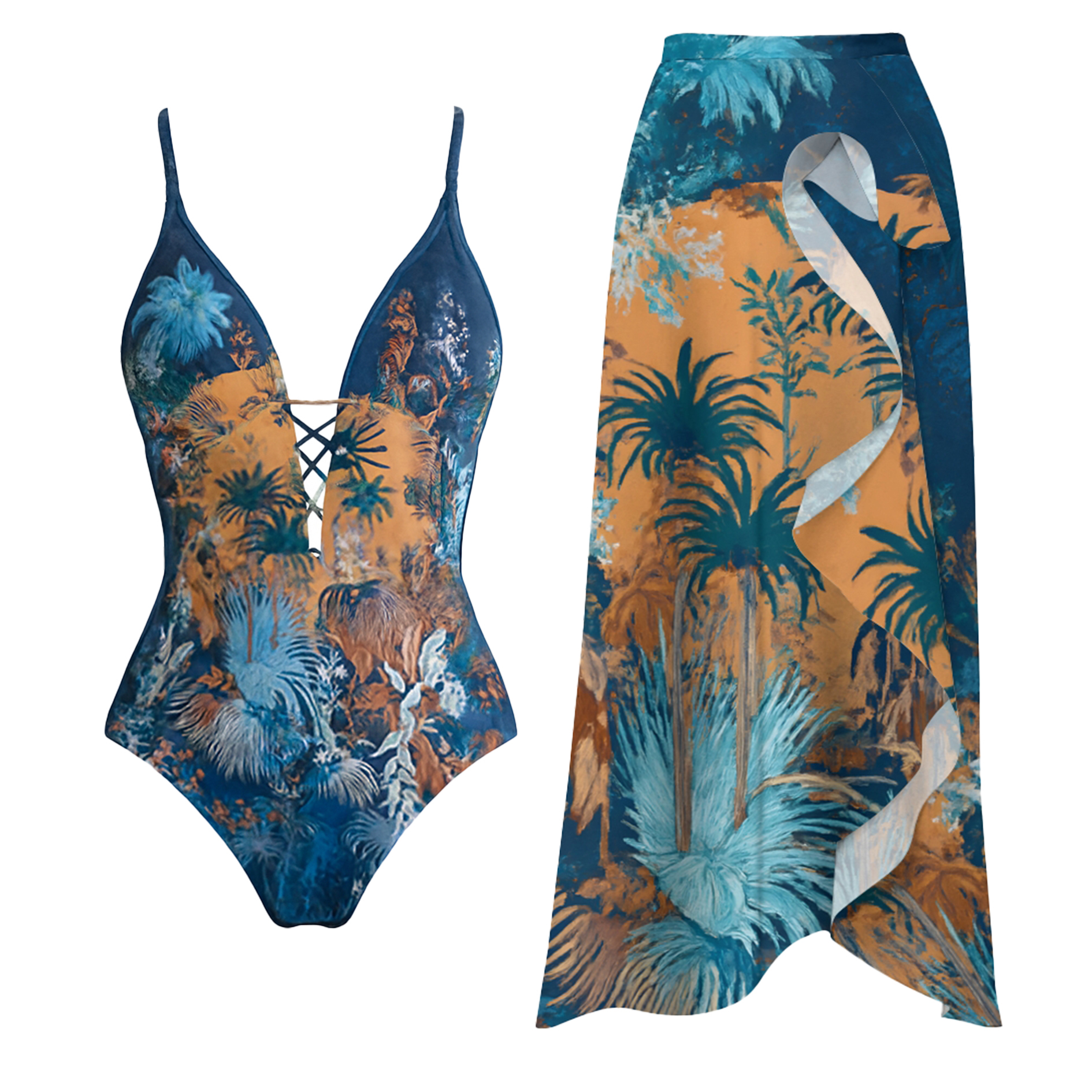 Women's V Neck Scenery Under Moonlight Print One-Piece Swimsuit with Skirt