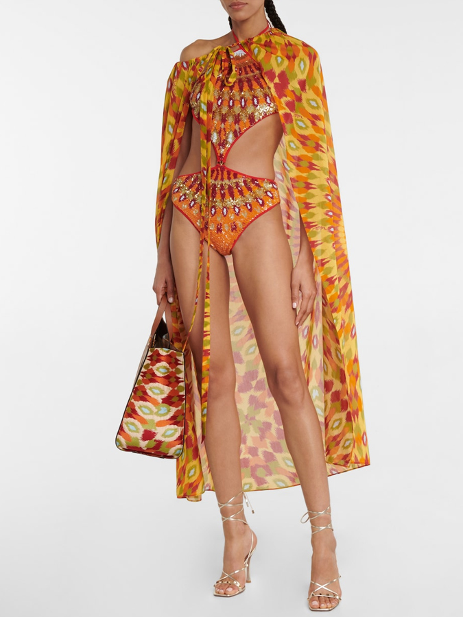 Vintage Color Block Printed Swimsuit and Cover-Up